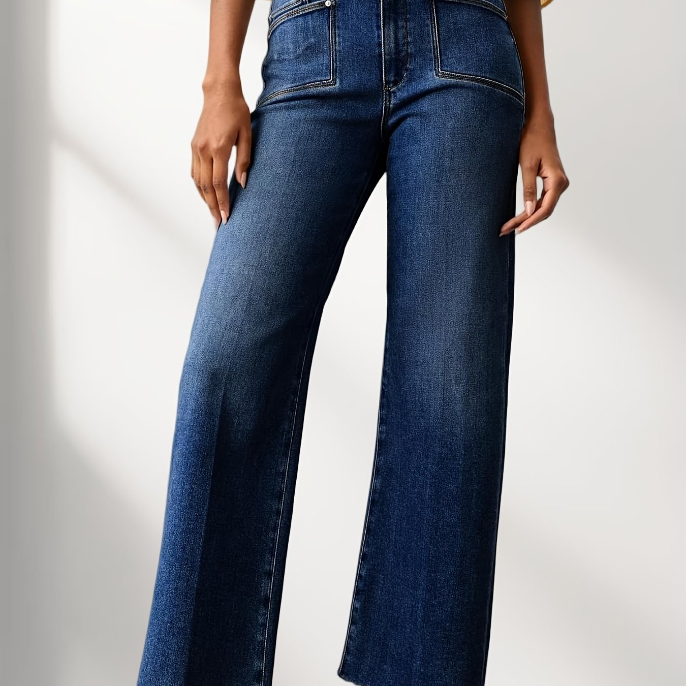 Image of Womens High Waisted Cropped Jeans | Trendy Stretchy Baggy Straight Leg Hem Capri Denim Pants With Button Fly Closure