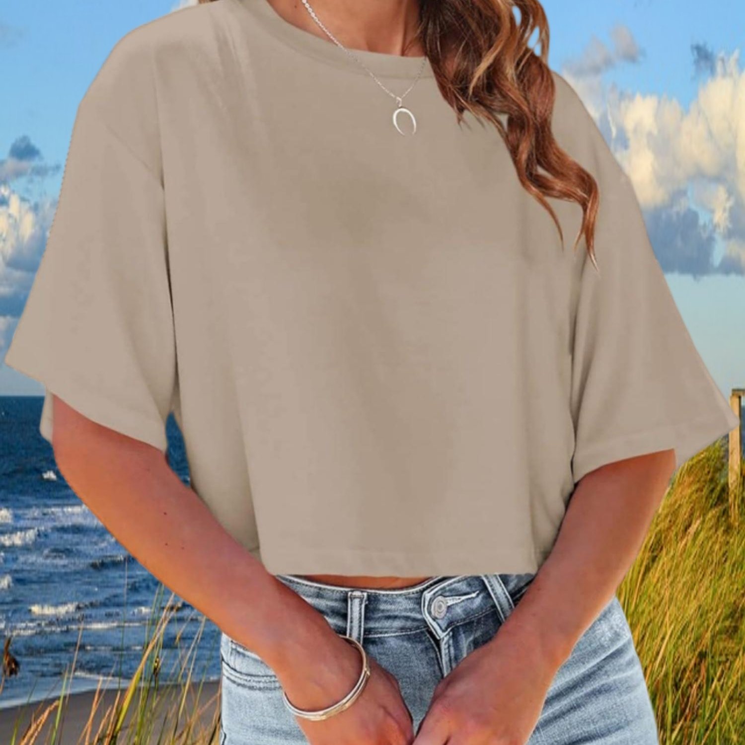 Women's Summer Daily T-shirt Cropped Half Sleeve Casual Shoulder Round Neck Basic Solid Color Tee