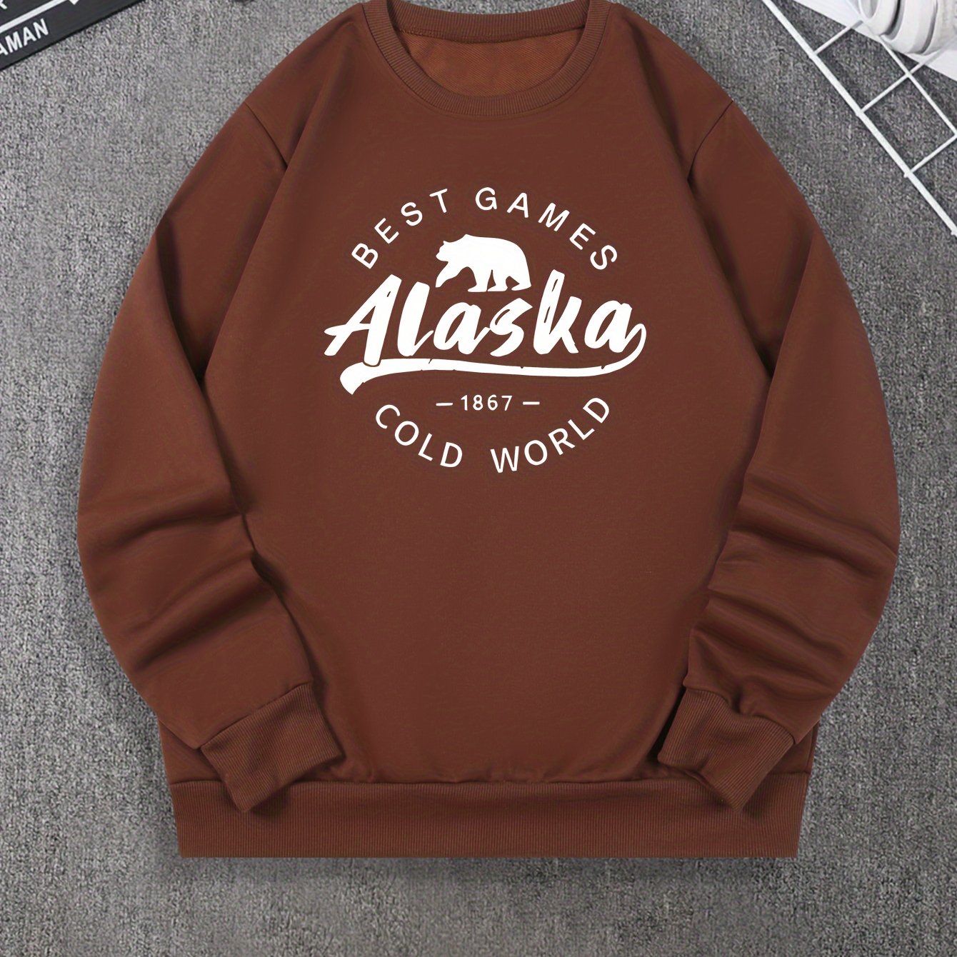 alaska bear print mens pullover round neck long sleeve sweatshirt pattern loose casual top for autumn winter mens clothing as gifts