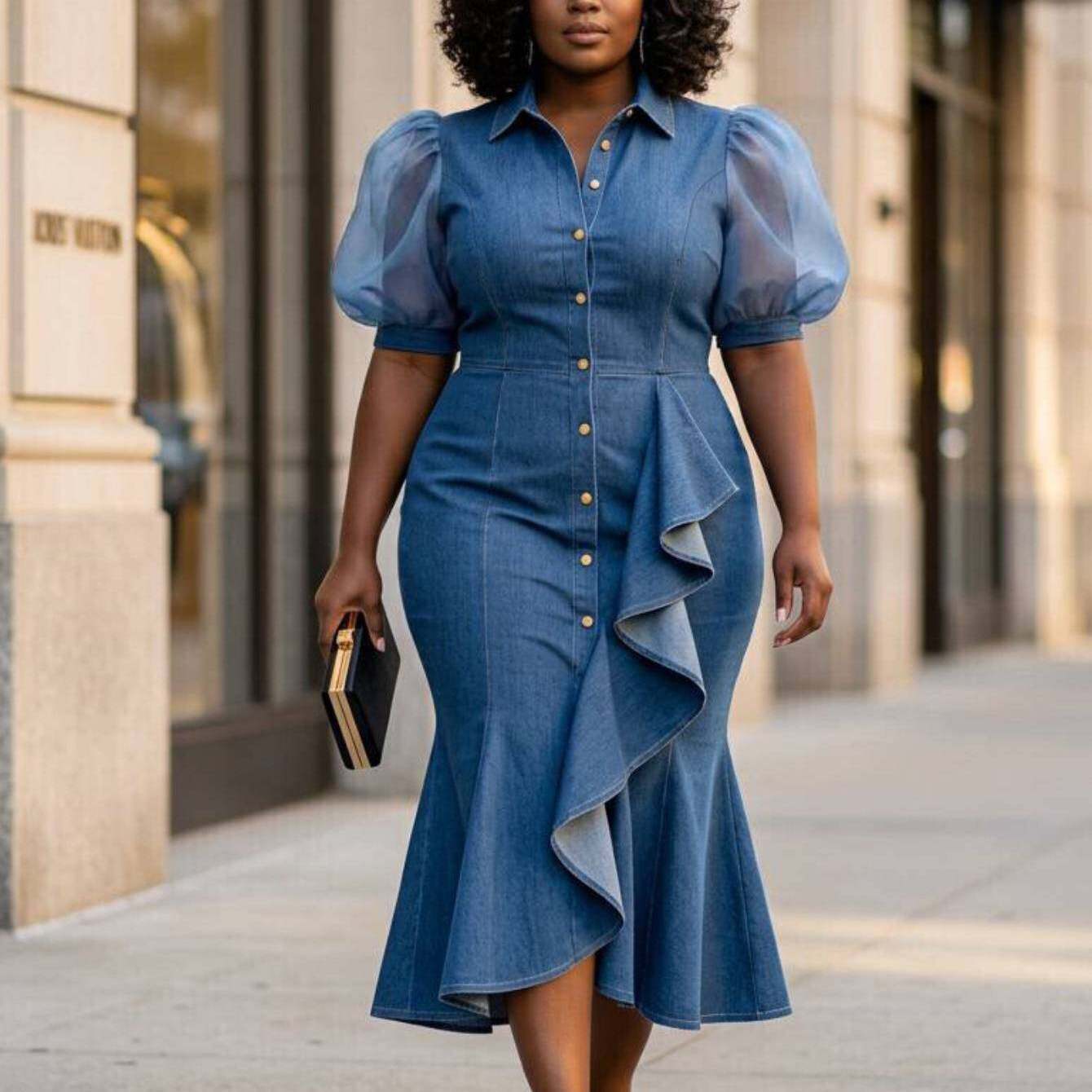 TEMU Plus-size Women's Spring/summer Puff Sleeve Denim-look Mermaid Dress | Spliced Sheer Sleeves Show And , Perfect For Work, Dates, And Casual