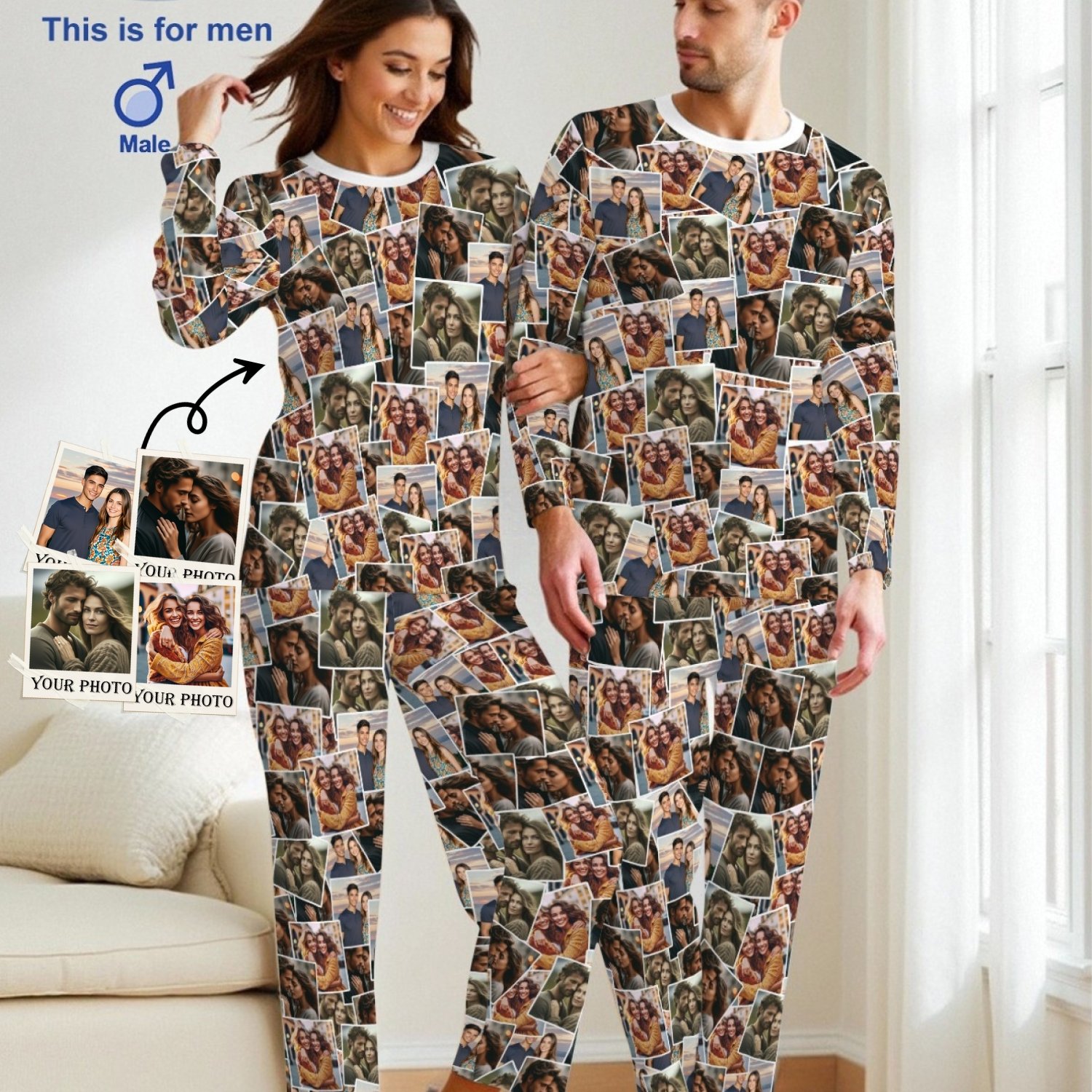 TEMU Custom Portrait Print Couple's Outfit Set - 1 Men's Set Or 1 Women's Set. Soft, Breathable Fabric With A Round Neck Long-sleeve T-shirt And