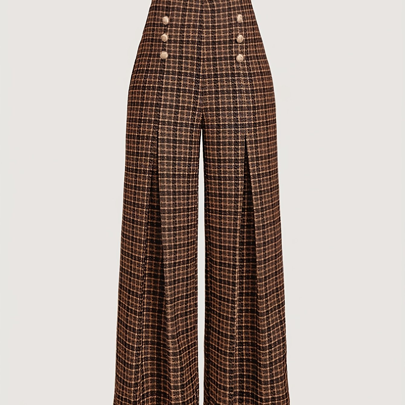 TEMU Plus Size - Plus Size - Plus Size Elegant Casual Brown Wide-leg Pants, With Button Detail, Brown Long Trousers For Autumn, Casual Wear