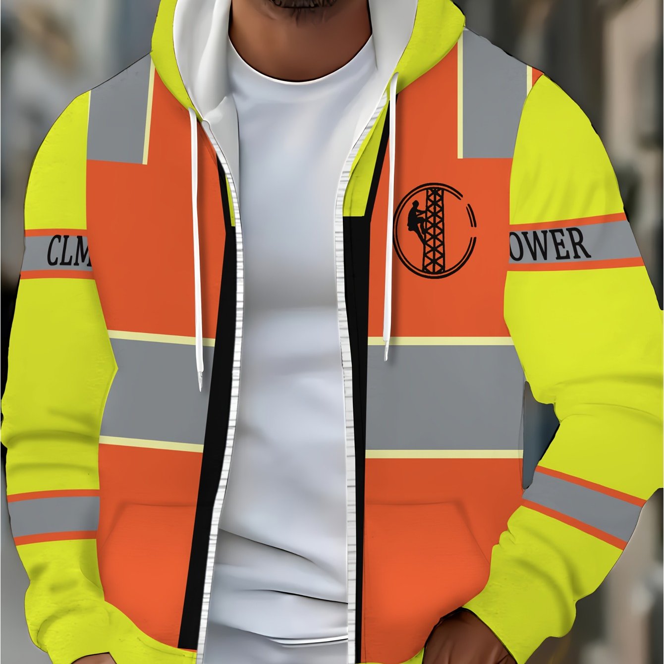 Men's Long Sleeve Zipper Workwear Pattern Hooded Sweatshirts, Autumn Winter Casual Outdoor Jacket With Drawstring And Pockets