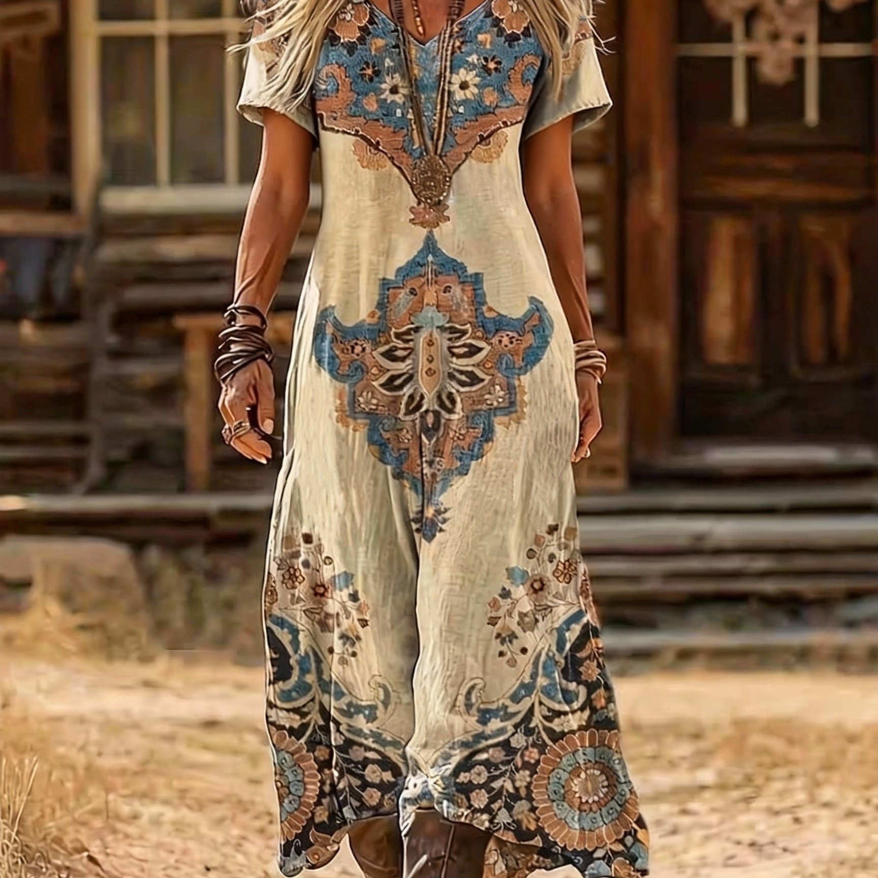 TEMU Women's Printed A-line Dress - Elegant For Parties And Casual Wear, Suitable For Spring/summer/autumn Daily And Formal Occasions, V-neck Casual