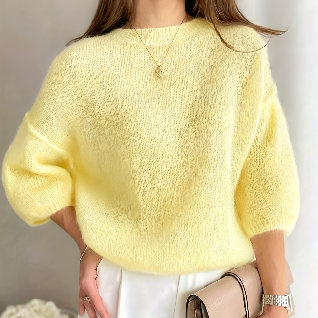 Solid Color Minimalist -eighth Sleeve Loose Round Neck Soft Sweater Women's Pullover Top