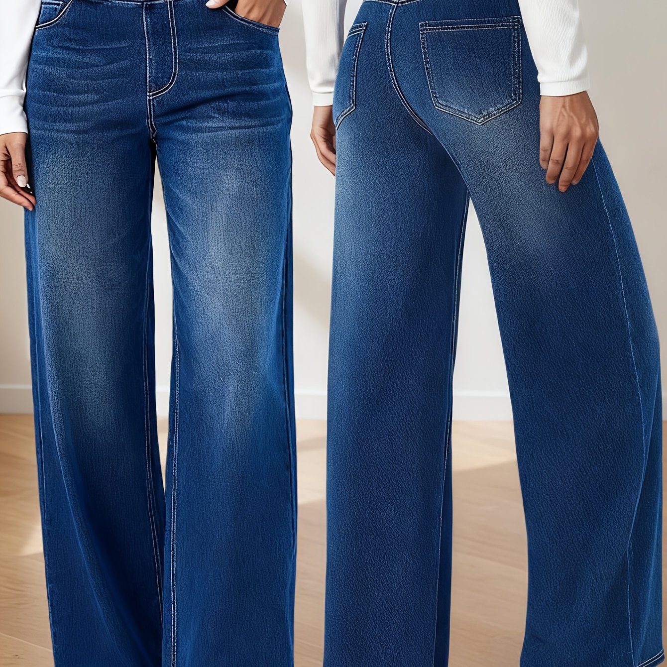 TEMU Plus Size Women's High-waisted Stretch Waist Wide-leg Jeans - Relaxed Straight-leg Pants Washed Denim Pants Multiple Color Options