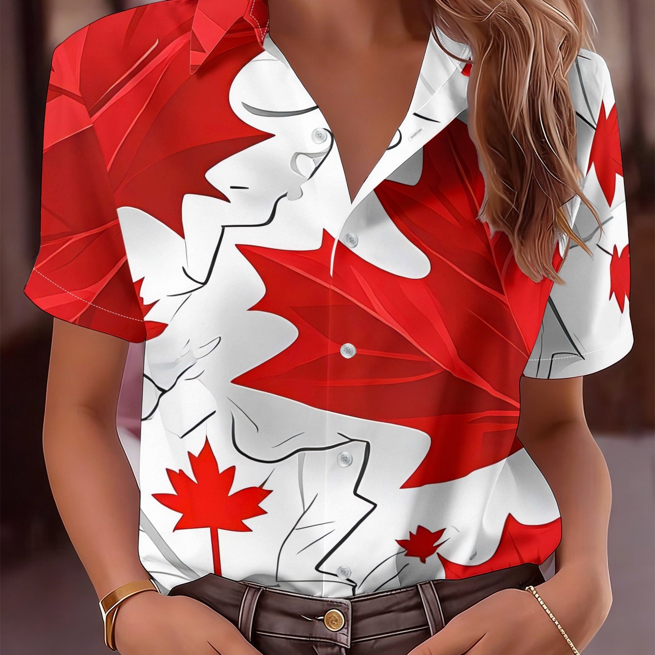 TEMU Chemise à Manches Courtes Femme 2026, Haut Imprimé Éléments Feuille d'Érable , Blouse Femme Polyvalente Décontractée et Tendance pour , Lavable