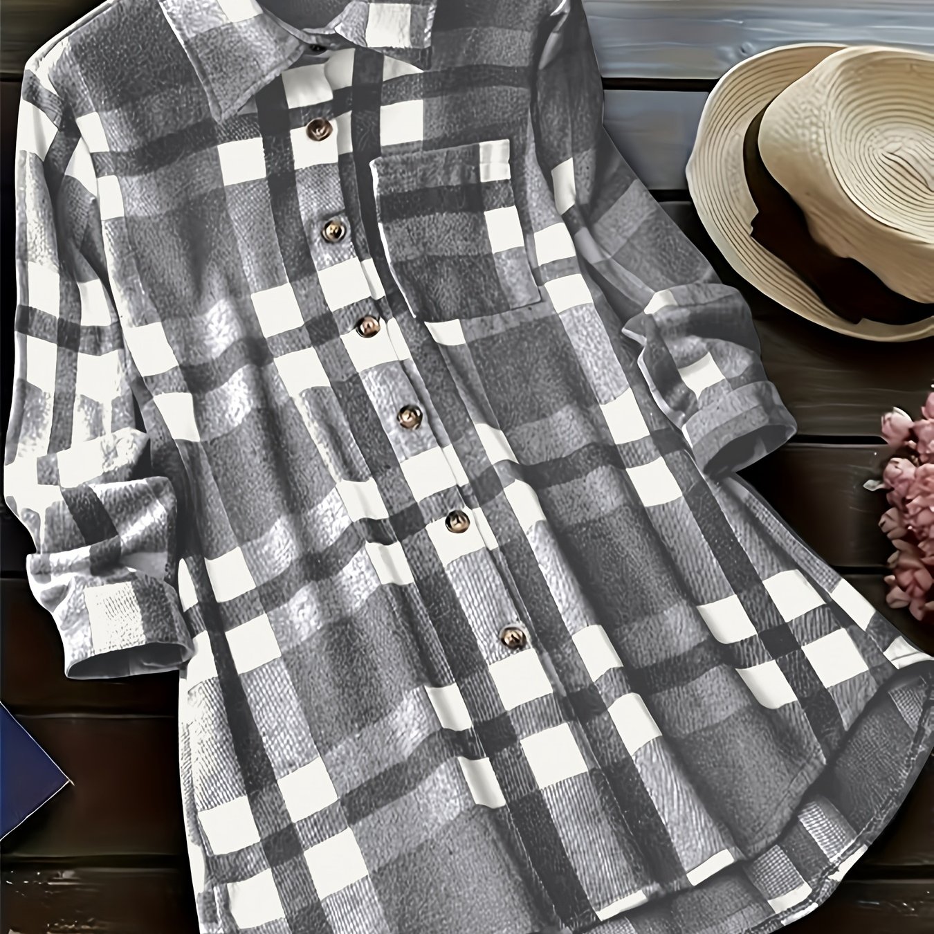 Elegant Women's Shirt With A Collar, Long Sleeves, Thick Brushed Checkered Pattern, Pocketed Black And White Top, Suitable For Autumn And Winter Outerwear