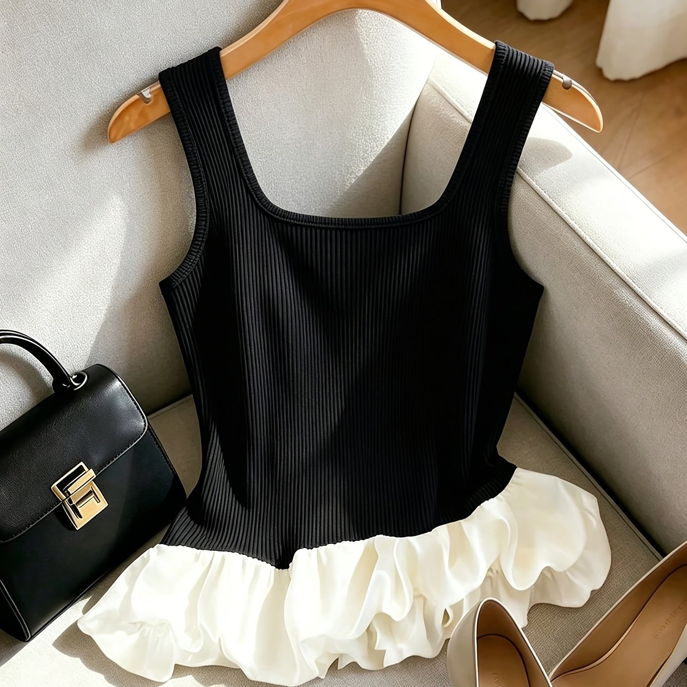 TEMU Women's Casual Elegant Square Neck Vest, With Elastic Cut And Bubble Hem, Women's Fashion Commute Top, Casual Outing Blouse