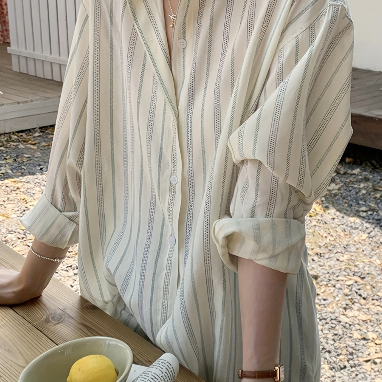 Image of Thin Contrast Stripe Simple Minimalist Cool- High-end Feel Loose Fit Fashionable Long-sleeve Shirt For Women, /summer Top Cardigan