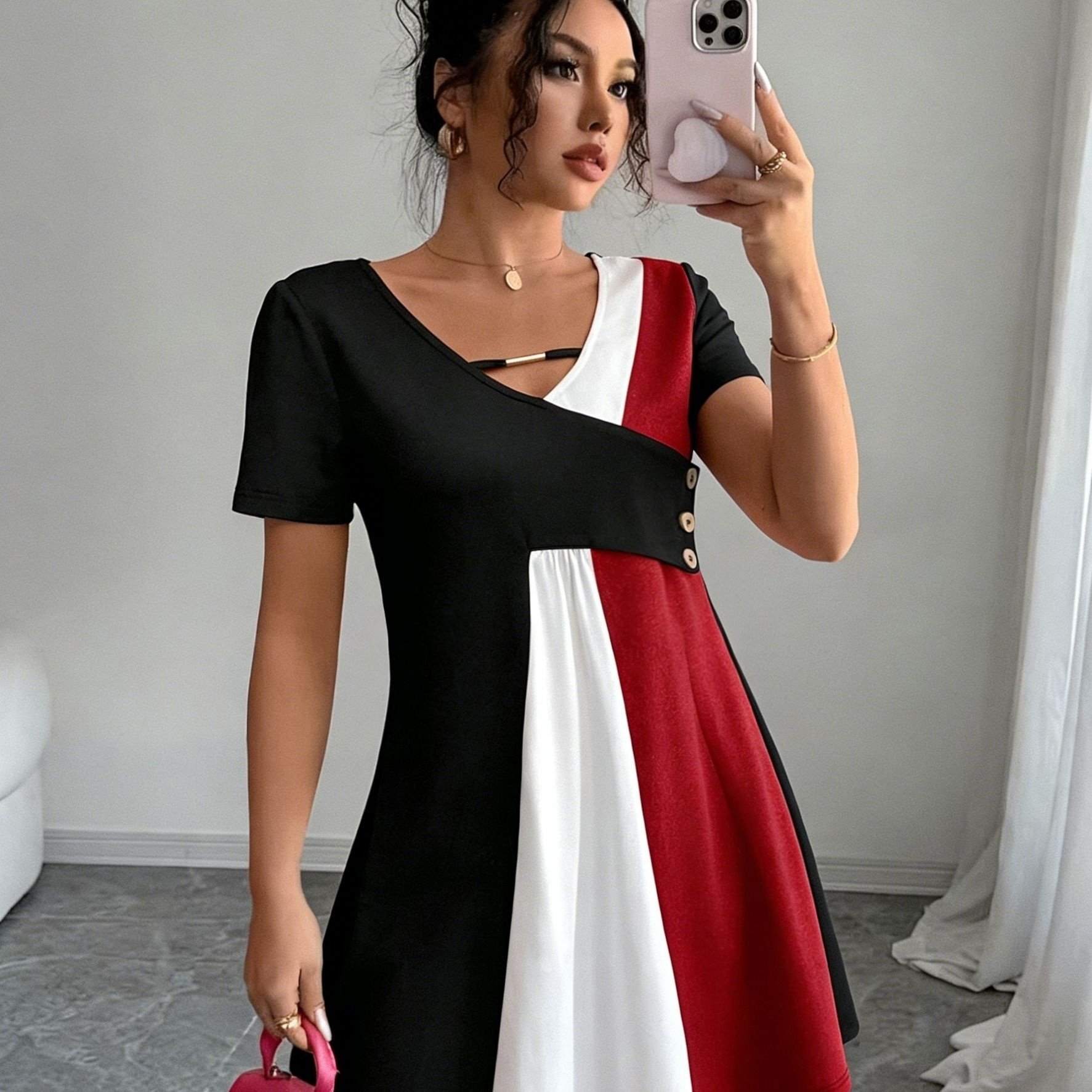 TEMU Vestito da donna patchwork a blocchi di con scollo a V, bottoni con accenti metallici e gonna corta a che stringe in vita