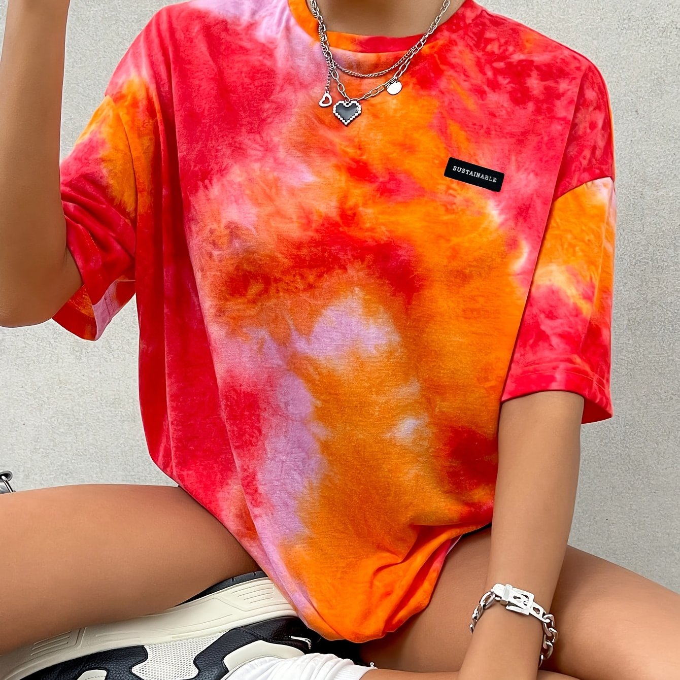 TEMU Directional Women's Elegant Tie-dye Long Loose Short-sleeve T-shirt
