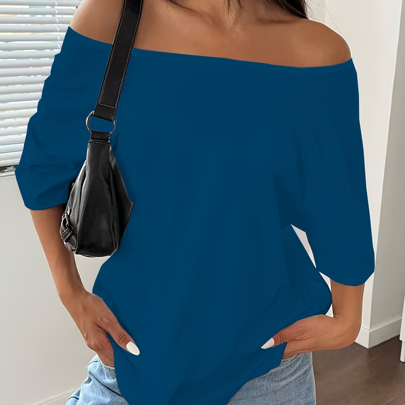 TEMU Western Women's Summer Loose Off-shoulder Square Neck Short Sleeve T-shirt Casual -wear Loose Fit Short Sleeve T-shirt, Solid