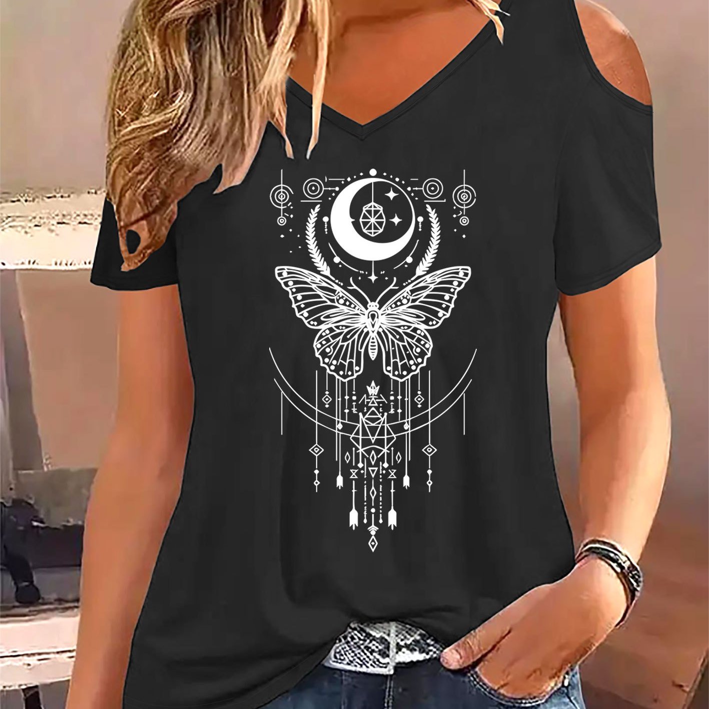E-shop Grafikdruck T-Shirt, Kurzarm V-Ausschnitt Freizeitoberteil für Sommer & Frühling, Damenbekleidung