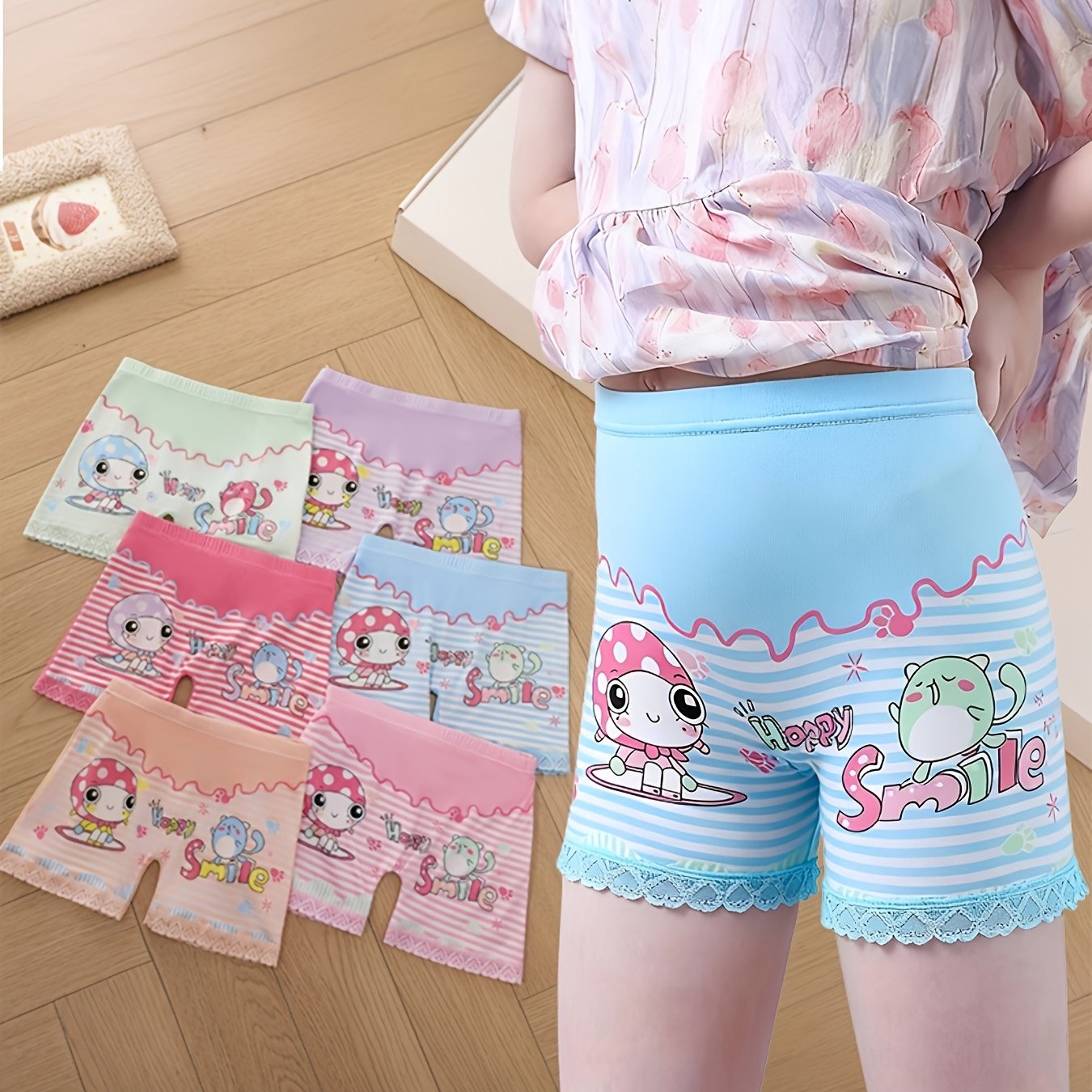 Image of 6pcs Girls' Safety Underwear, Breathable And Comfortable Cartoon Anime Lace Boyshort Leggings For Sports