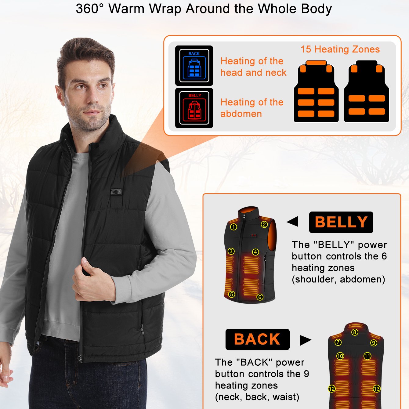 TEMU Veste chauffante 2.0 pour homme et unisexe avec batterie - 15 zones de chauffage, 3 réglages de chaleur (faible/moyen/), batterie portable PC et