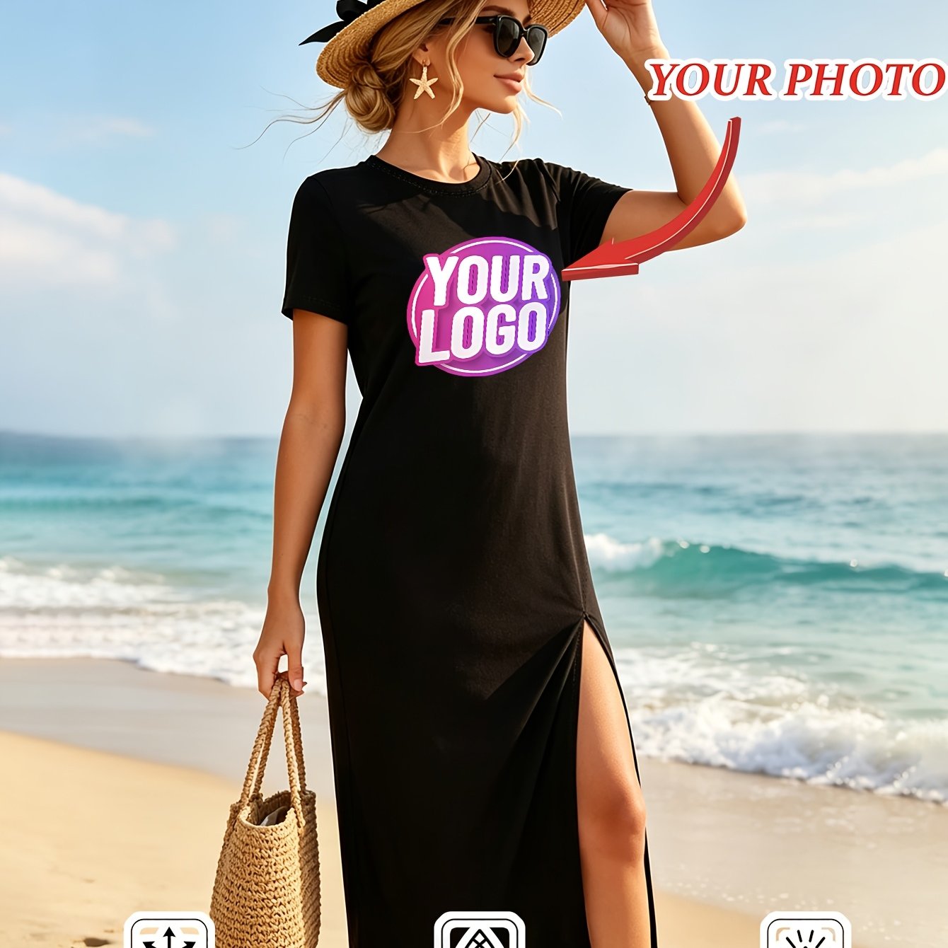 TEMU Vestido Largo con Abertura y Estampado Personalizado para Mujer - Hermoso Diseño Frontal Personalizado con Tu Foto | Vestido Mono Camiseta