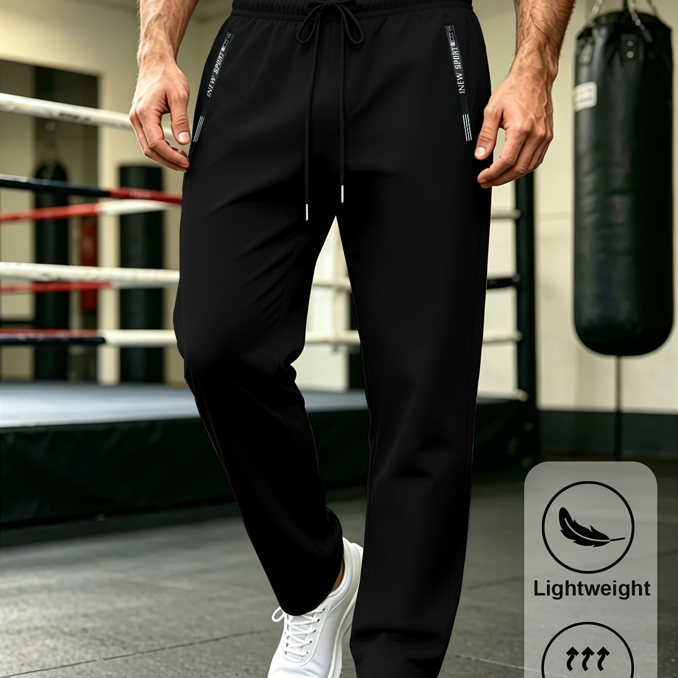 TEMU Men's Stretch Casual Pants With Zipper Pockets, Elastic Waistband, And Breathable Fabric. Suitable For Running, Fitness, Heavy Sweating, Casual