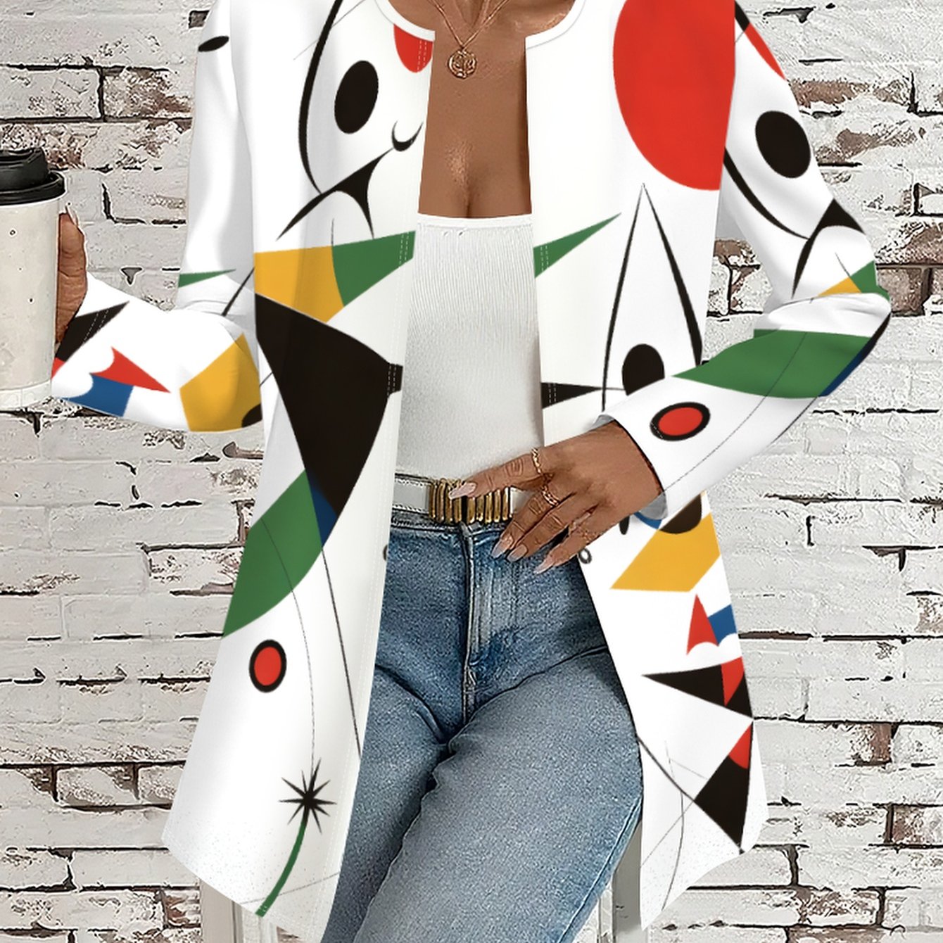 TEMU Printed Design â Not Textured, High-quality Women's Casual Spring/summer Apparel With Cartoon Geometric Line Art, Lightweight Open-front Jacket