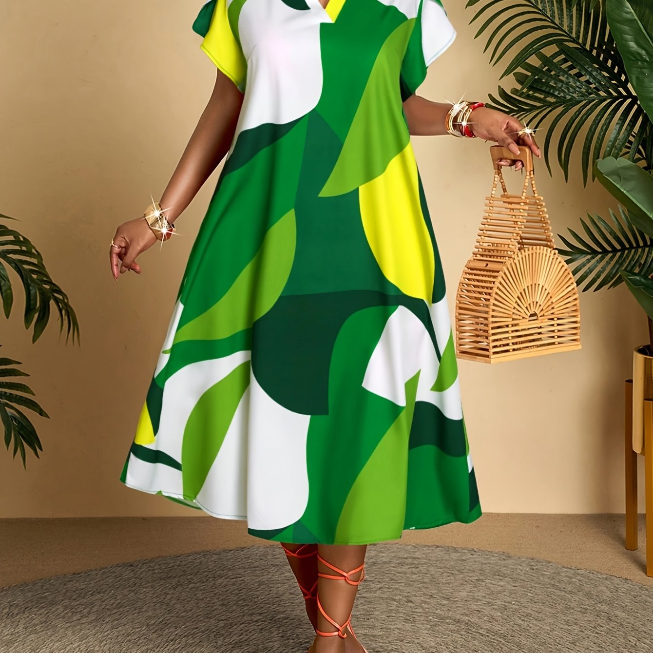 TEMU Women' Casual Abstract Print Short Sleeve Midi Skirt With Ruffle Details And Straight Hem, Elegant Vacation Casual Wear