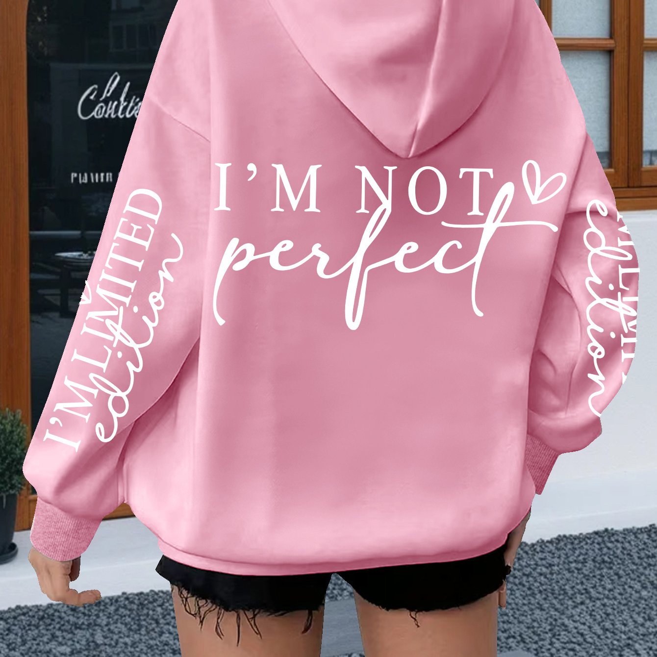TEMU Plus Size - Plus Size - Women's Plus Size Letter Graphic Print Hoodie, Casual Drawstring Hooded Long Sleeve Kangaroo Pocket Sweatshirt, Women's