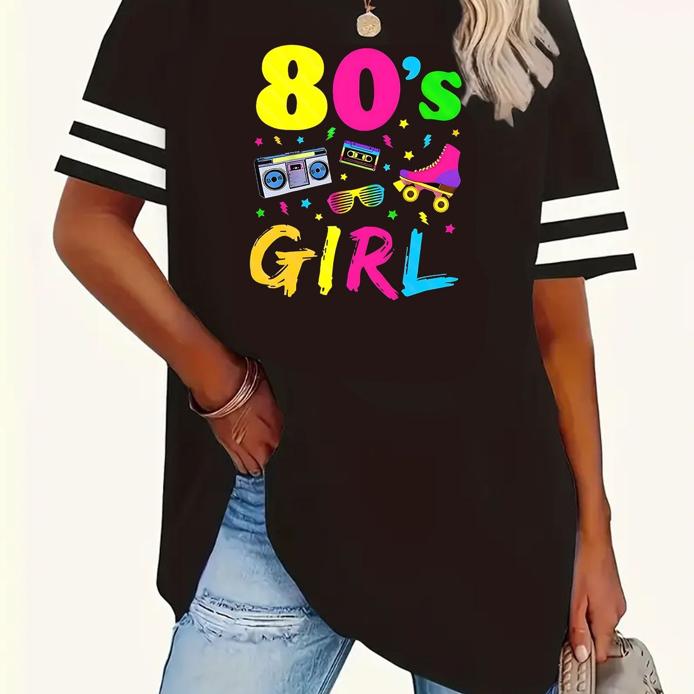 Plus Size - Plus Size - Plus Size Women's Top Printed Round Neck Short Sleeve Striped T-shirt Ribbed Neckline 1-8xl Letter