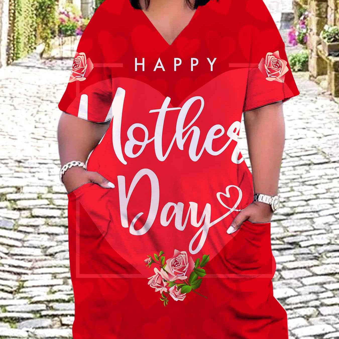 Happy Mothers Day Text And Rose Print Women's Plus Size V Neck Dress With Pockets Comfortable Breathable Fashion Casual Outfit Womens Clothes Suitable For Leisure And Sports Activities