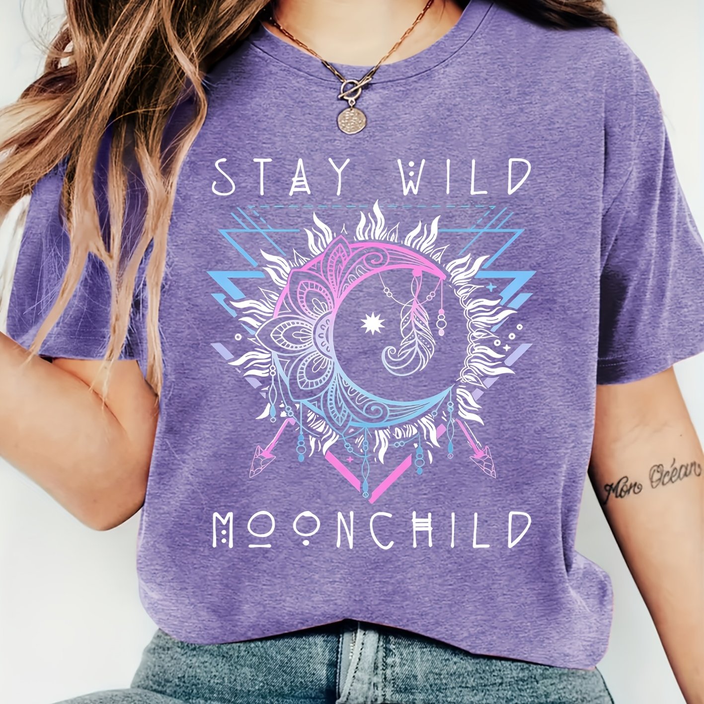 TEMU Mandala Moon Print Short Sleeve T-shirt, Ethnic Style Loose Round Neck Versatile Casual Ins