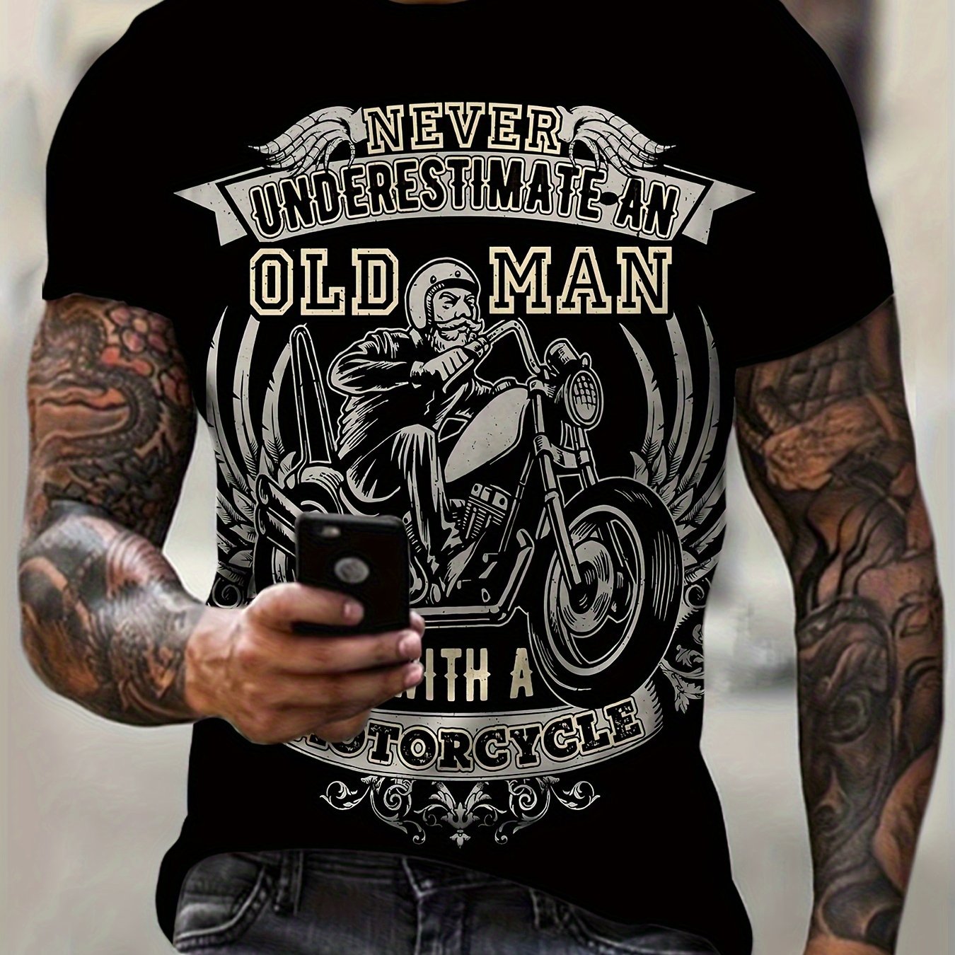 TEMU Men's Plus Size Motorcycle T-shirt - Vintage Motorcycle Pattern Print Top, "never An Old Man" Slogan - Soft Breathable Fabric Style Shirt,