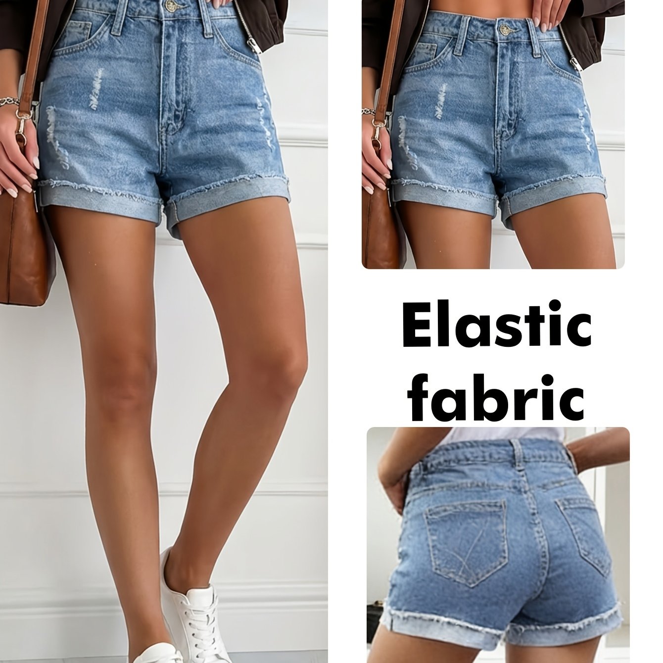 Image of Women's Commuter Workplace Daily Elegant Outfit Slim Fit Denim Shorts, Light Blue Washed Versatile Ripped Denim Shorts, Suitable For Women's Denim Shorts