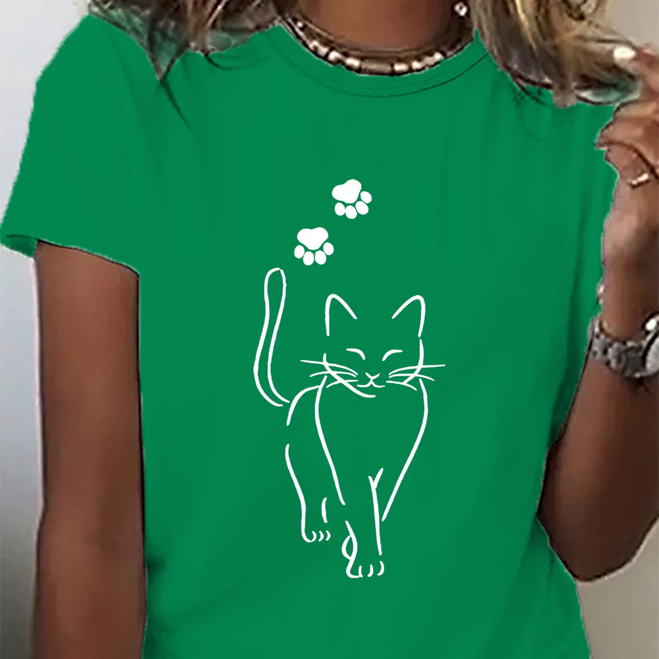 TEMU Women' Grey Cartoon Kitten & Footprint Print T-shirt - Casual Round Neck Short Sleeve, Medium Stretch, Machine Washable, Spring Summer Casual