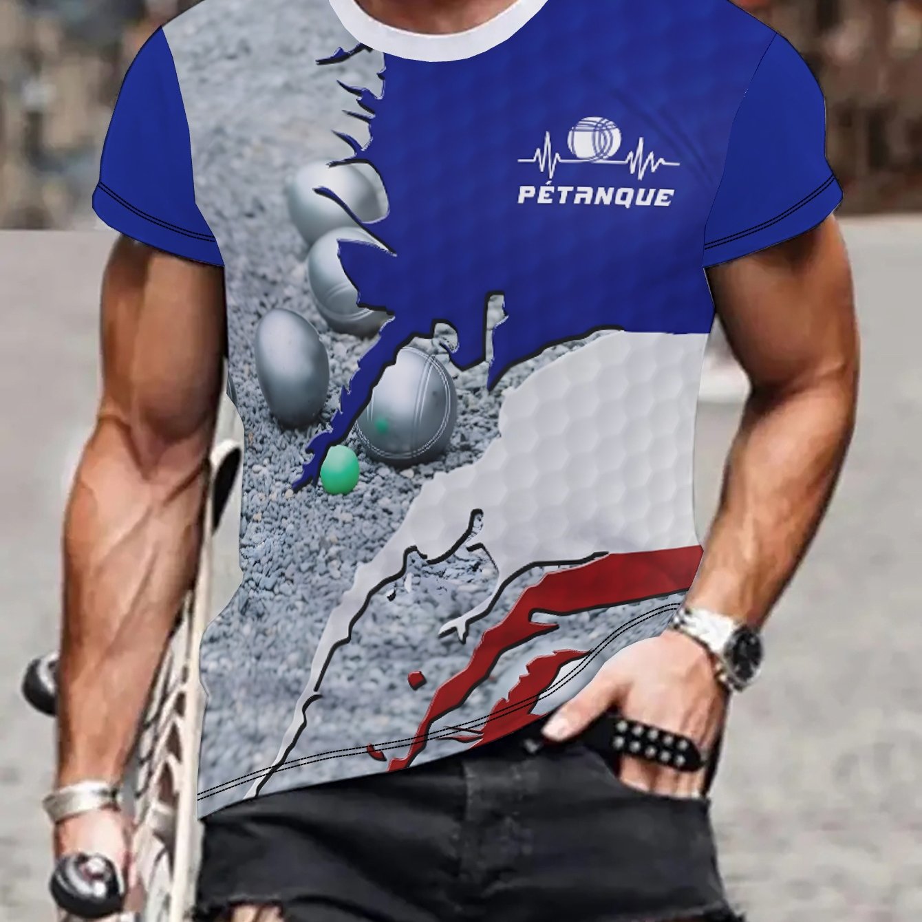 TEMU T-shirt Homme P Ball 2D Petanque, Impression , Design Rond, Col Rond, Manches Courtes