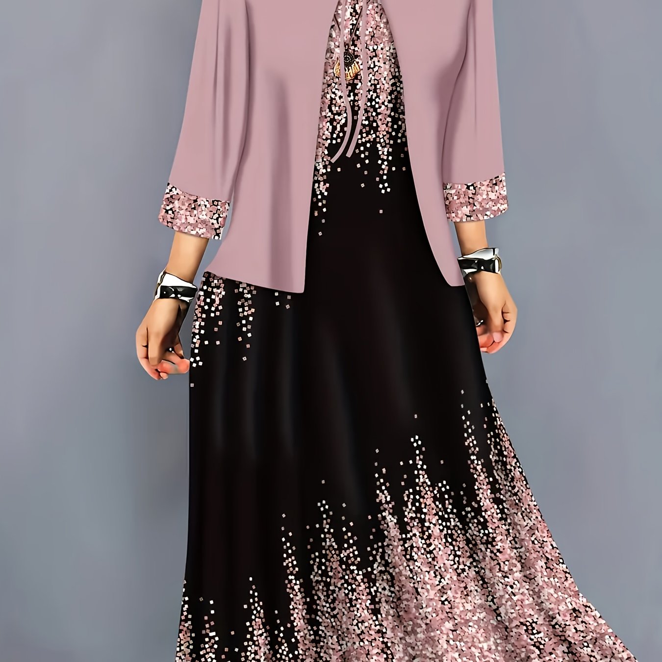 E-shop Elegantes Kleid-Set, Geometrisches Musterdruck Mode Urlaub Ärmelkragen Jacke Weste Langes Kleid Set, Frühling Herbst Bequeme Passform Regular