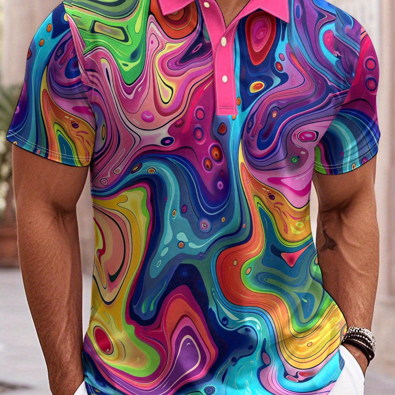 TEMU Men's Short Sleeved Shirt With Rose And Colorful Texture (iridescent Ripple Dots), Contrasting Collar And White Design, Fashionable And Artistic