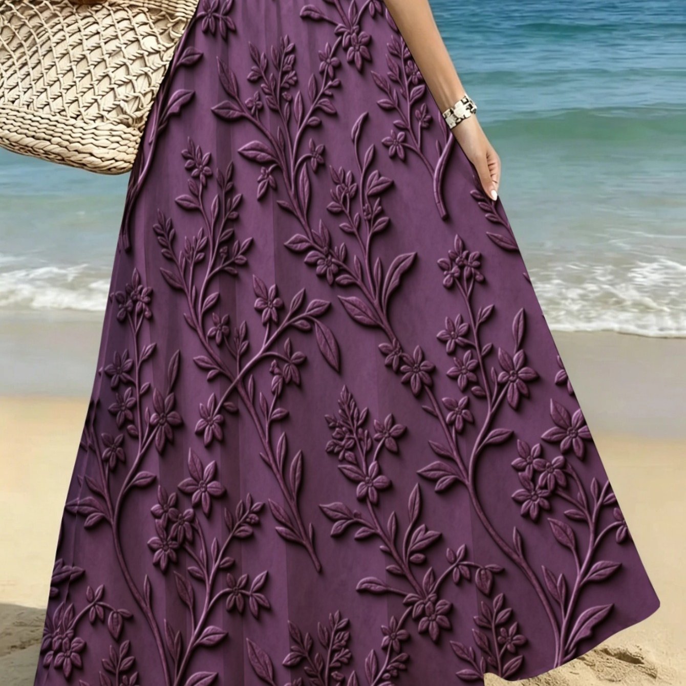 TEMU Lianyaoshi [printed Design Not Textured] Elegant Purple Floral Embossed Maxi Skirt For Beach Vacations, Lightweight Resort Dining Or Coastal