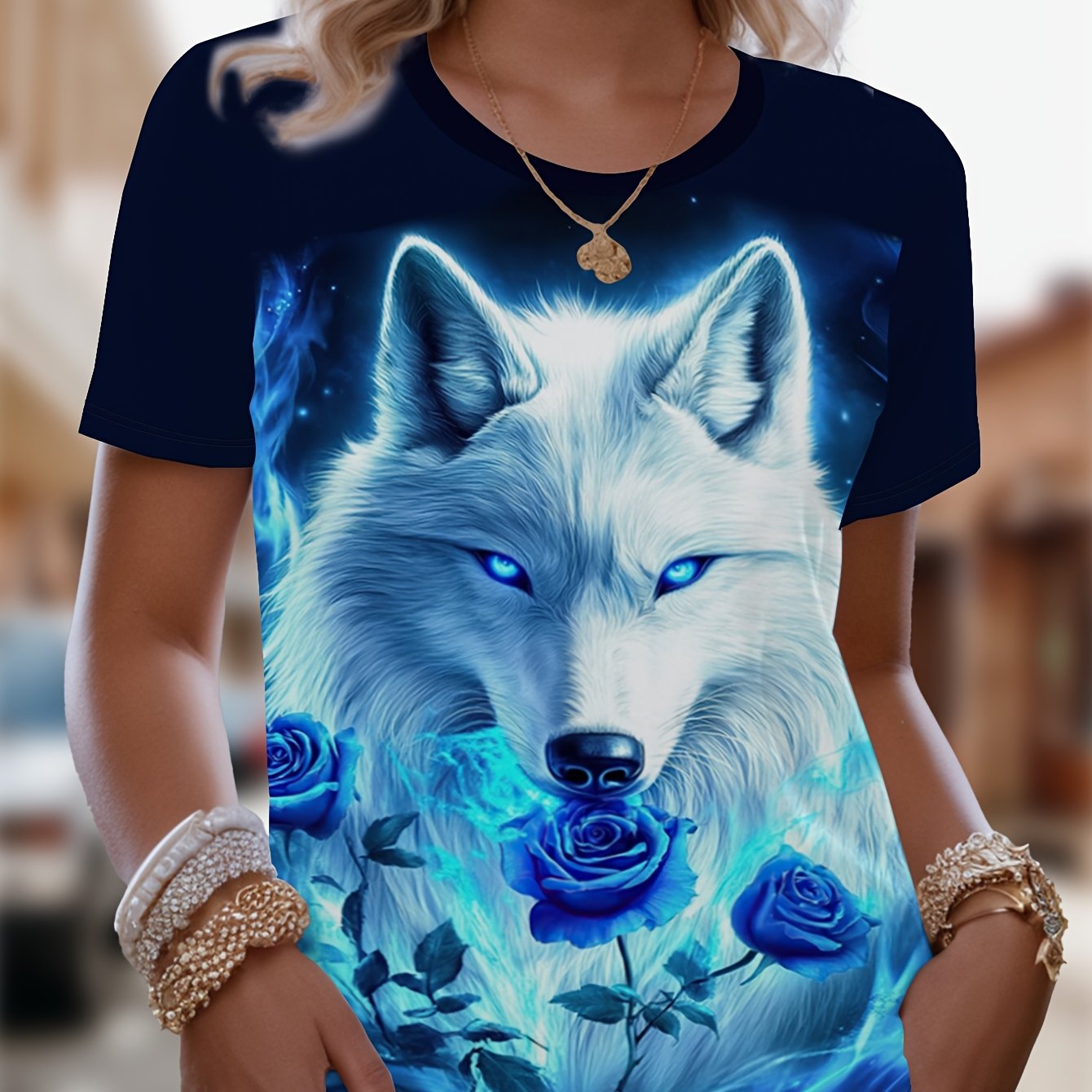TEMU Women's T-shirt Featuring A Wolf Head And Rose Pattern, Casual Round Neck Short Sleeve Top, Machine Washable, Suitable For , Made Of Slightly