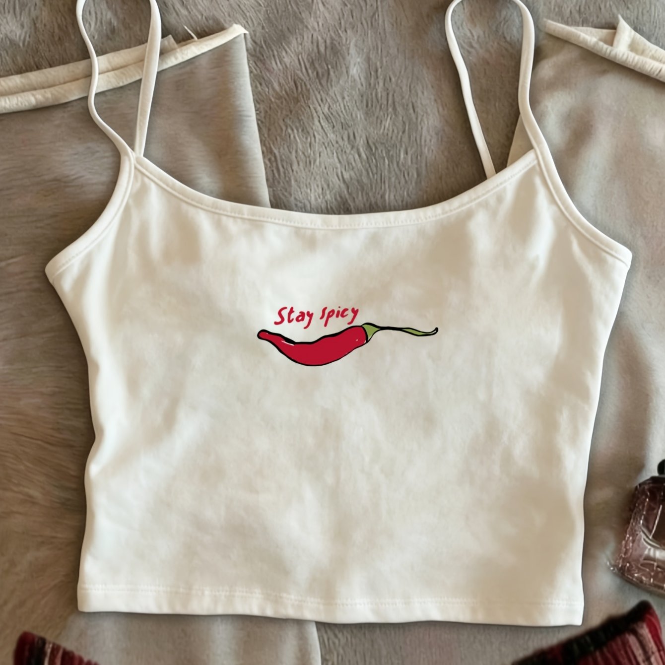 TEMU Camiseta tipo camisón babydoll de tirantes y ajuste entallado con divertido estampado de chile "", una superior de moda y versátil para mujer