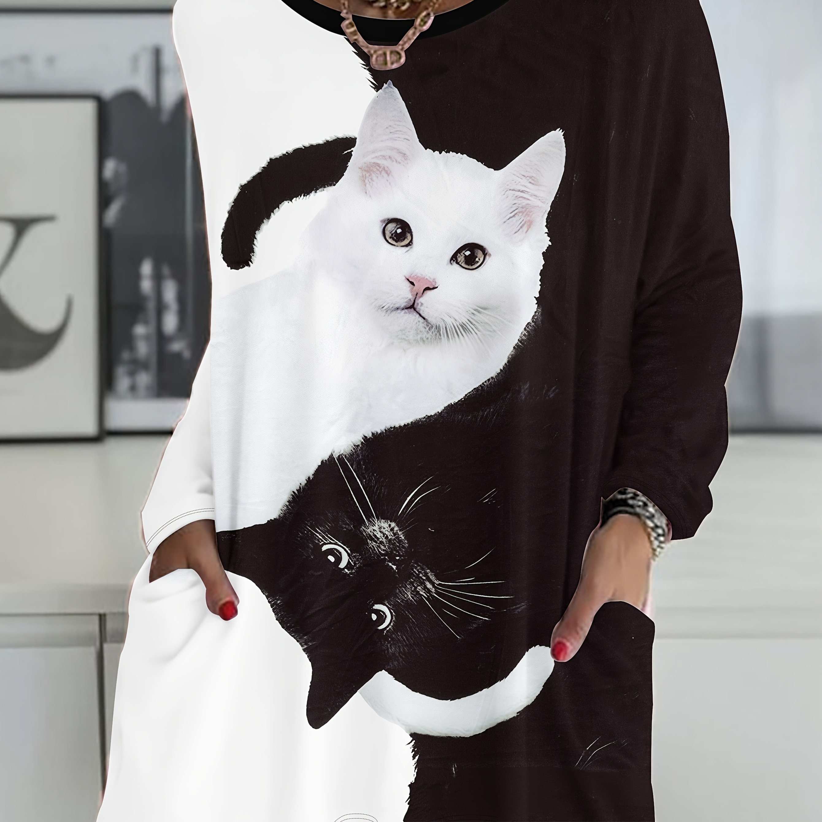 Plus Size, Women's Plus Size Casual Elegant Black And White Cat Pattern Print Crew Neck Long Sleeve T-shirt Top