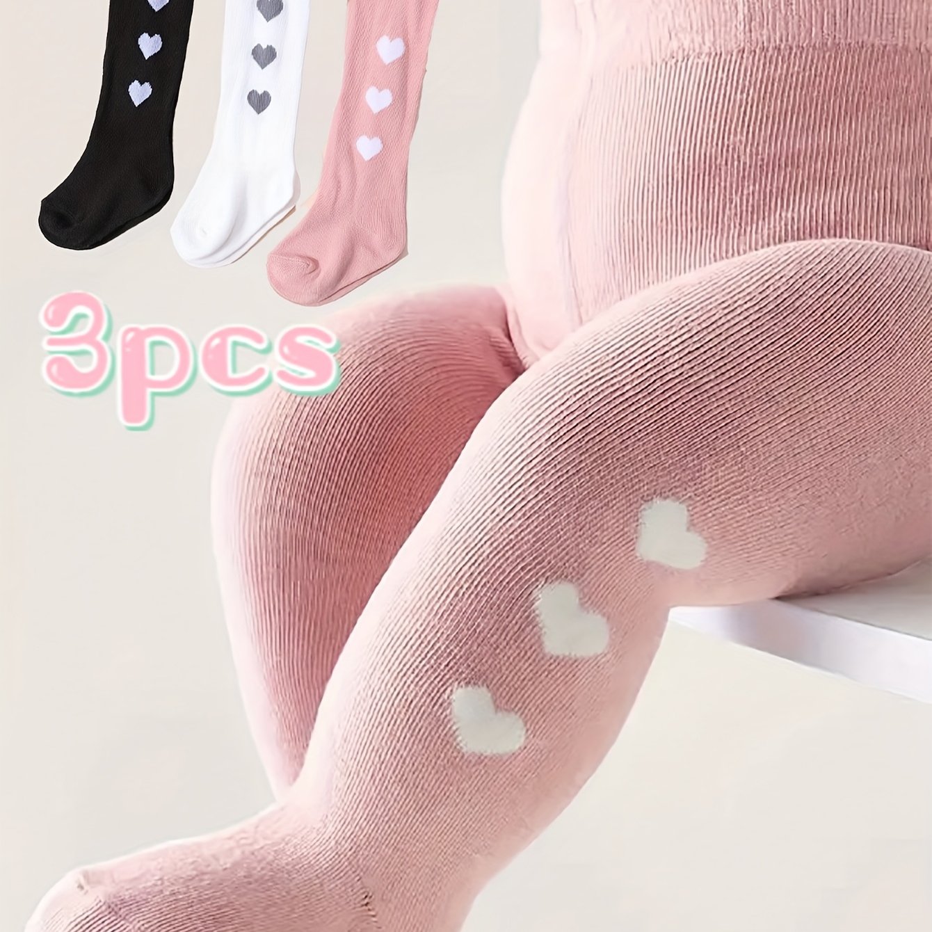 Image of Tights With English Washing Labels On Outer Packaging. 3pcs Girls' Tights With Heart Print, Slim Layer For Spring, Autumn, And Winter, Suitable For Girls' Daily Outfits - - Daily Wear