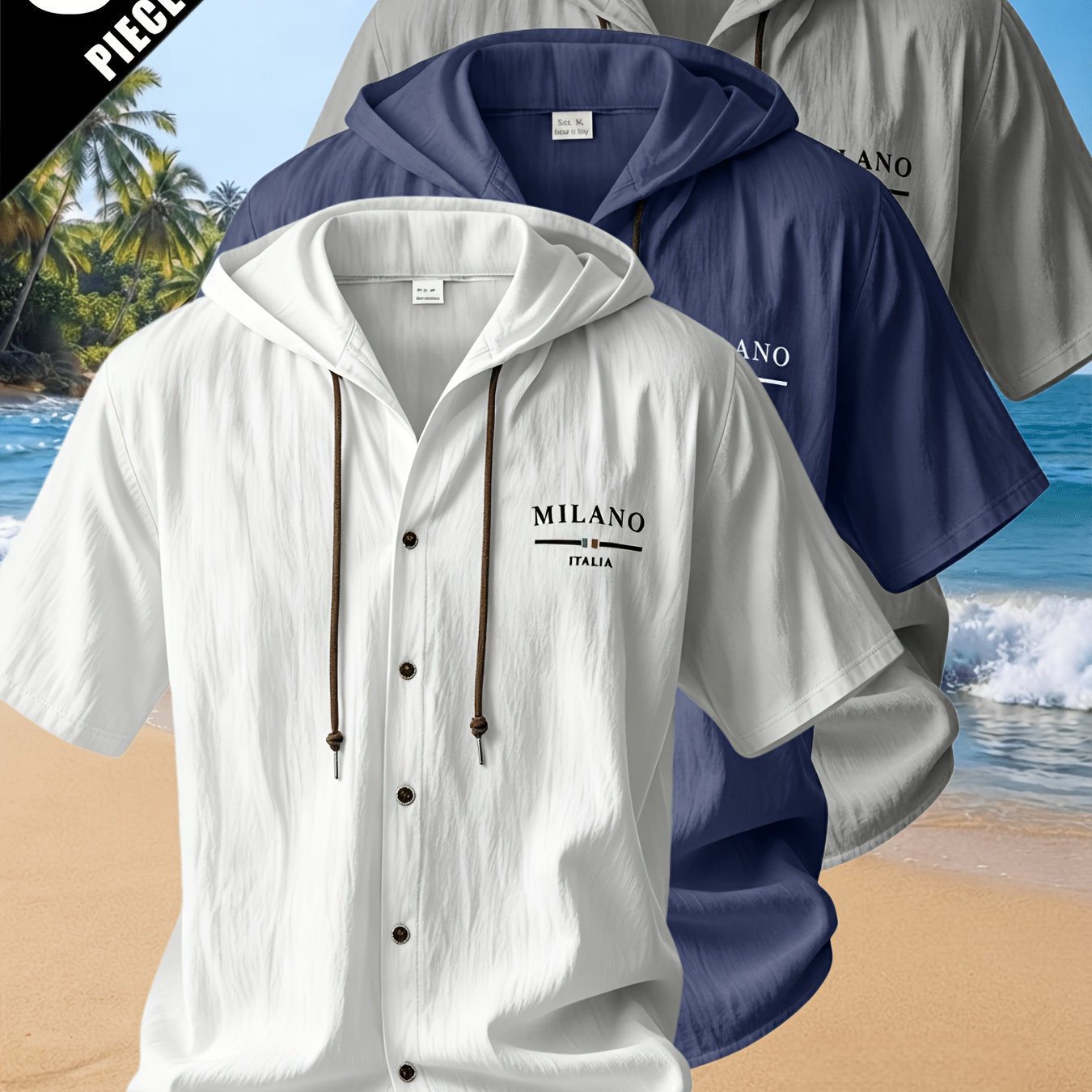 TEMU 3pcs Men's Summer Linen Hooded Short Sleeve Shirts With , Versatile & Comfortable Tops For Outdoor, Beach And Vacation