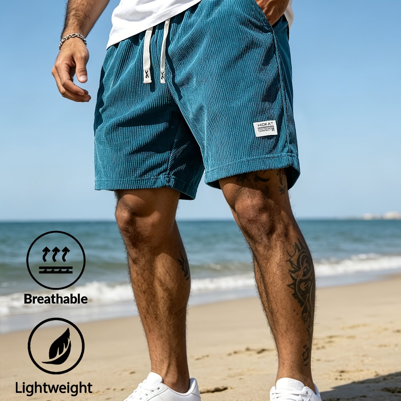 TEMU Summer Fashion Lightweight Breathable Striped Corduroy 5-point Pants For Men, Elastic Waistband And Adjustable Drawstring Men's Pants, Suitable