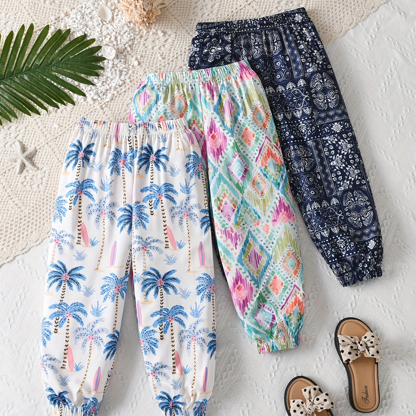 Boys' Spring/summer Fashion Printed Jogger Pants, Casual Versatile Elastic Waist Anti-mosquito Trousers, Comfortable Breathable Lightweight Long Pants, Three-pack, Perfect For Outdoor