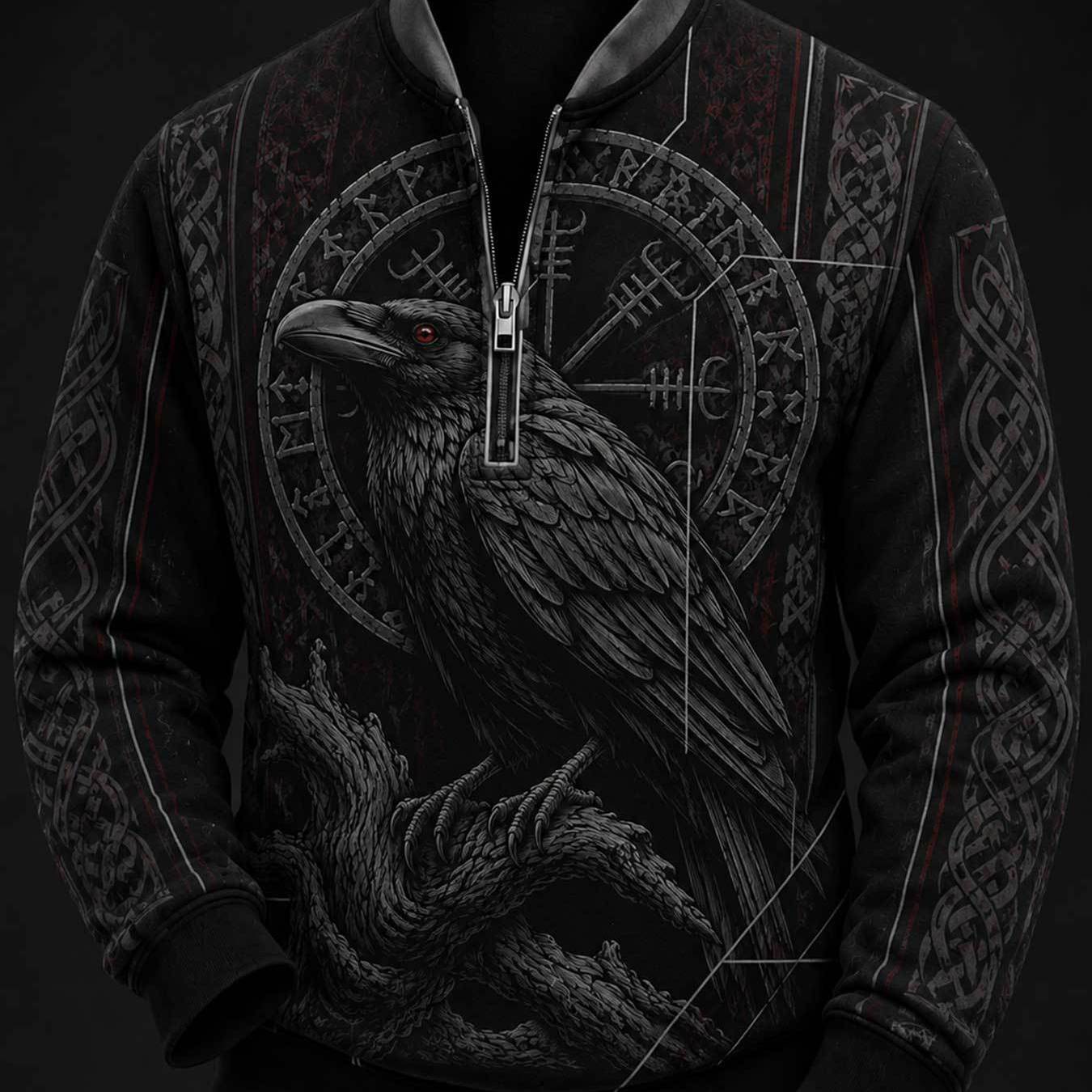 Image of Men's Half-zip Sweatshirt With Viking Symbol, Cool Gothic Style For Outdoor Daily Wear