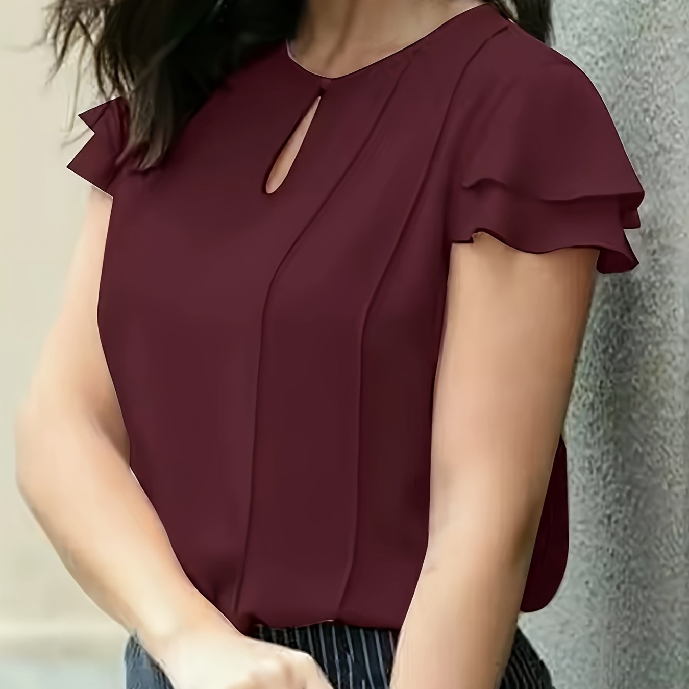 TEMU Women's Elegant Short-sleeve Sweetheart Neckline Blouse - Solid Color Summer Casual & Semi-formal Shirt, Machine Washable Regular , Non- Shirt