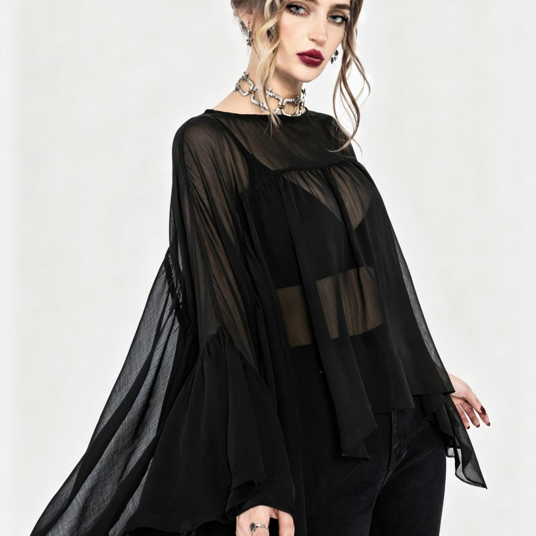 TEMU Plus Size, Plus Size Dark Style Sheer Chiffon Top For Women, Loose Flared Bell Sleeves With Ruffle Hem, Gothic -up Shirt For Plus Size Ladies,