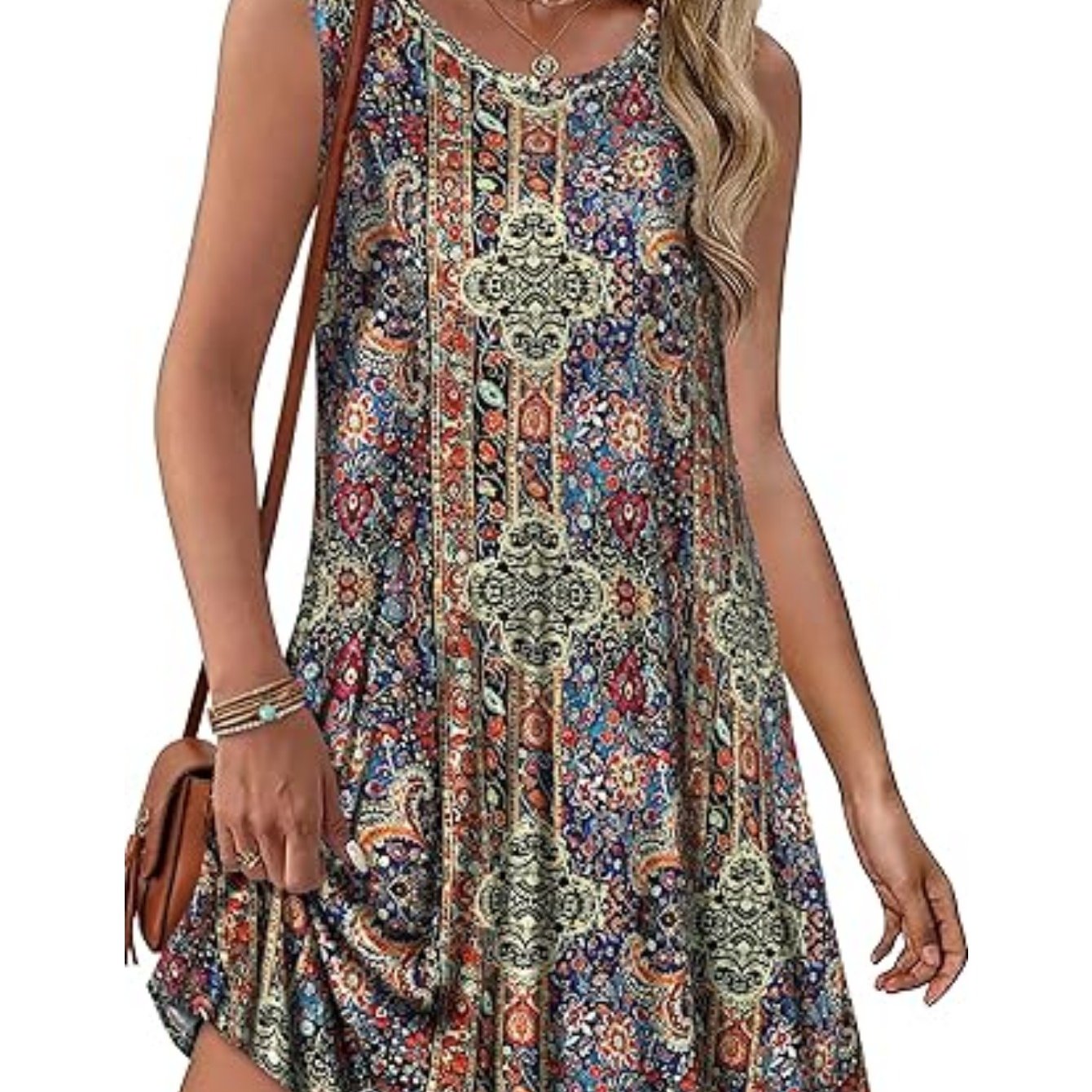 Image of Plus Size - Women's Plus Size Summer Dress, Yellow Bohemian Sleeveless Casual T-shirt Vest Dress, Loose Vest Beach Dress