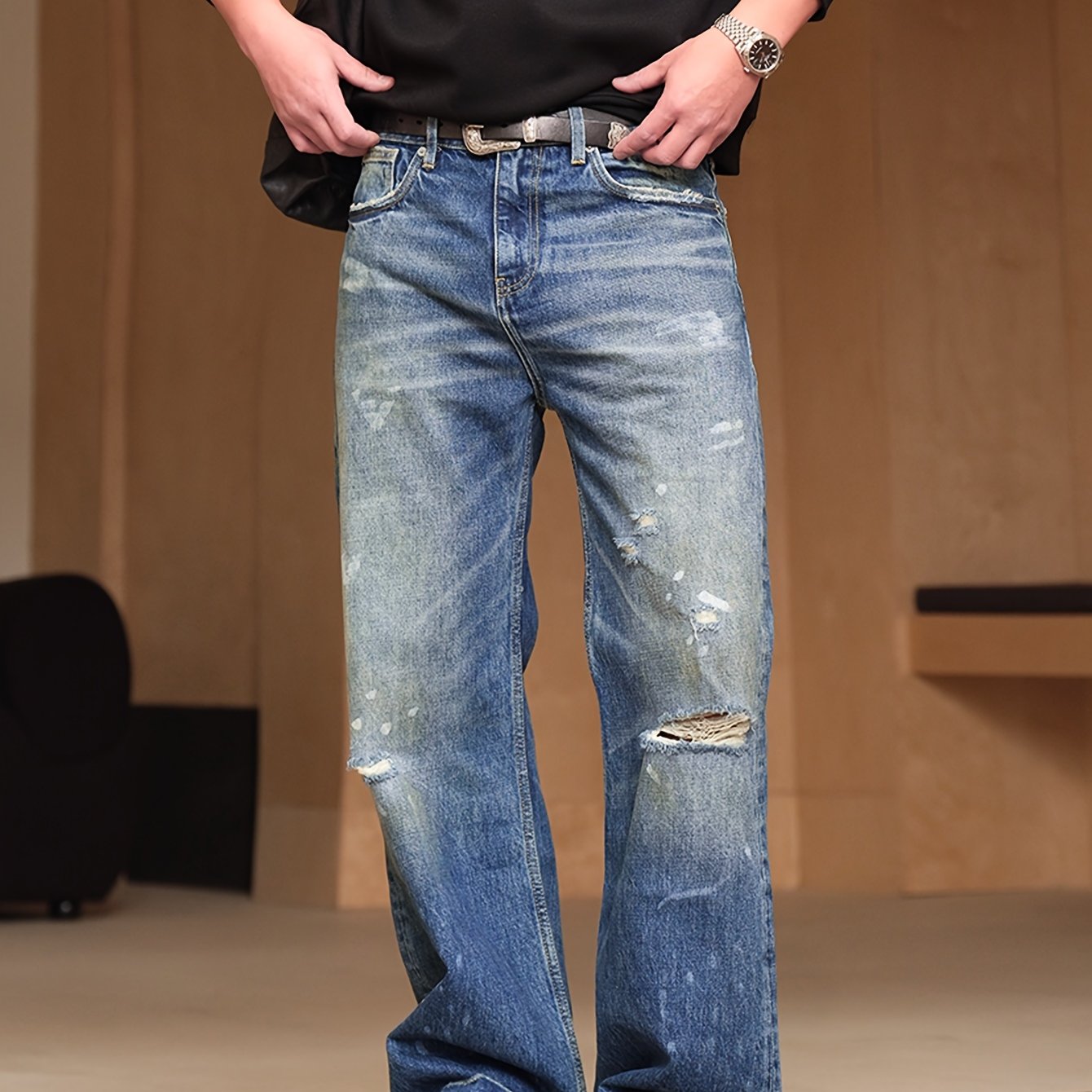 Image of [hme]278 Men's Relaxed Wide-leg Jeans - Heavyweight Washed , Men's Design High-street Wide-leg Jeans | Five-, Wide-leg Relaxed Curved Cut, Non-stretch Fabric, Suitable For | Men's Wide-leg Jeans