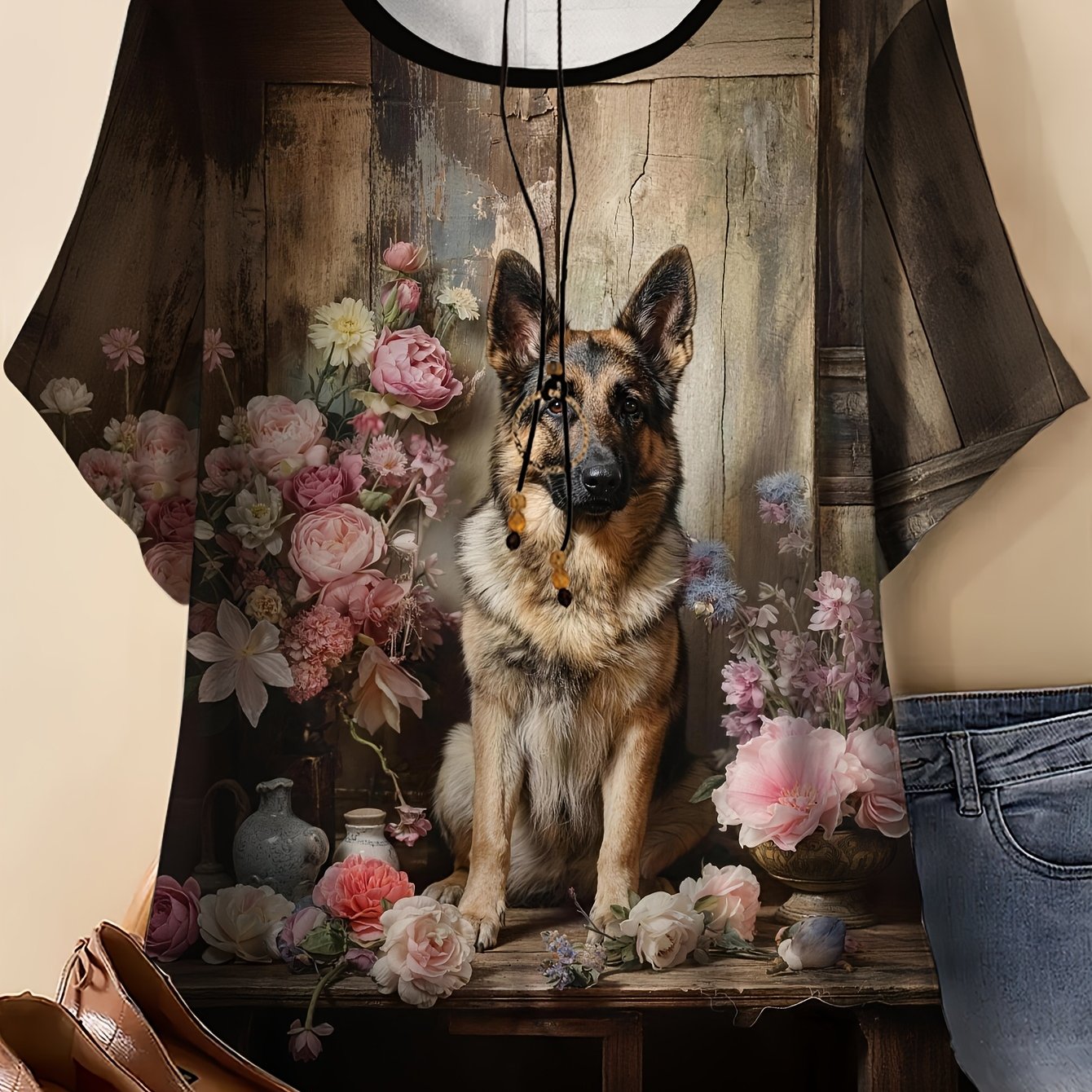 TEMU Plus Size - Plus Size - Plus-size Loose-fitting German Shepherd Printed Round-neck T-shirt, A Casual And Comfortable Short-sleeve Top For Women,