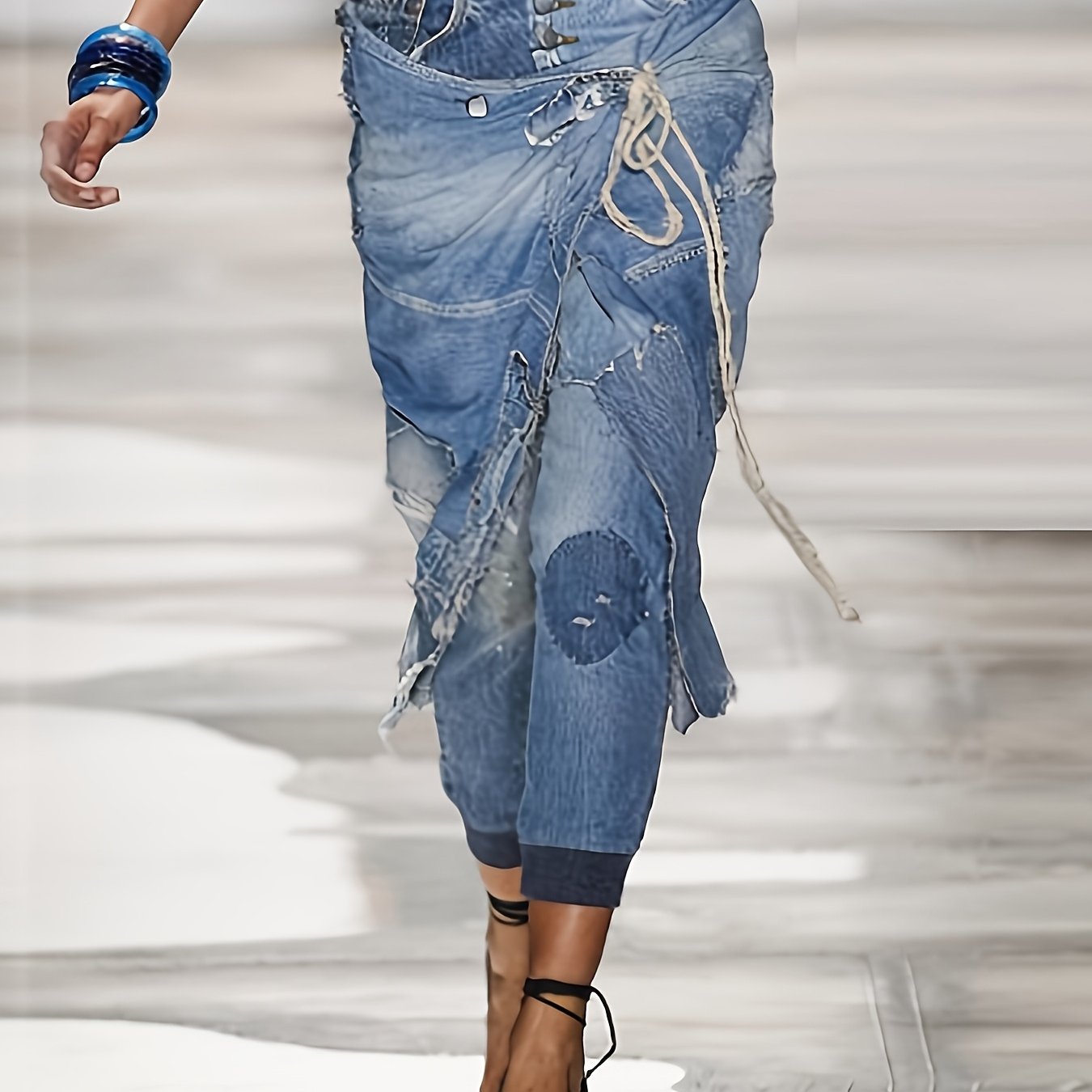 Image of Women' Plus Size High Waist Vintage Washed Jeans - Distressed Ripped Y2k Hip Hop Streetwear Pants With Frayed Hem & Drawstring Waist, Machine Washable Suitable For Urban Casual Wear, Regular Fit
