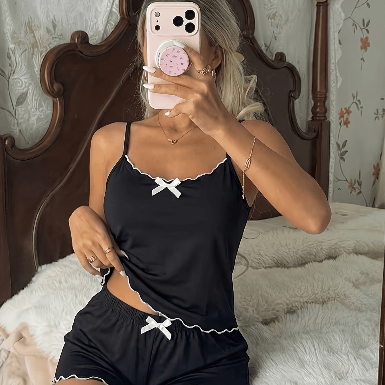 TEMU Women's Pajamas. Solid Color Women's Pajama Set. Comfortable Camisole Top And Elastic Waist Shorts Are A